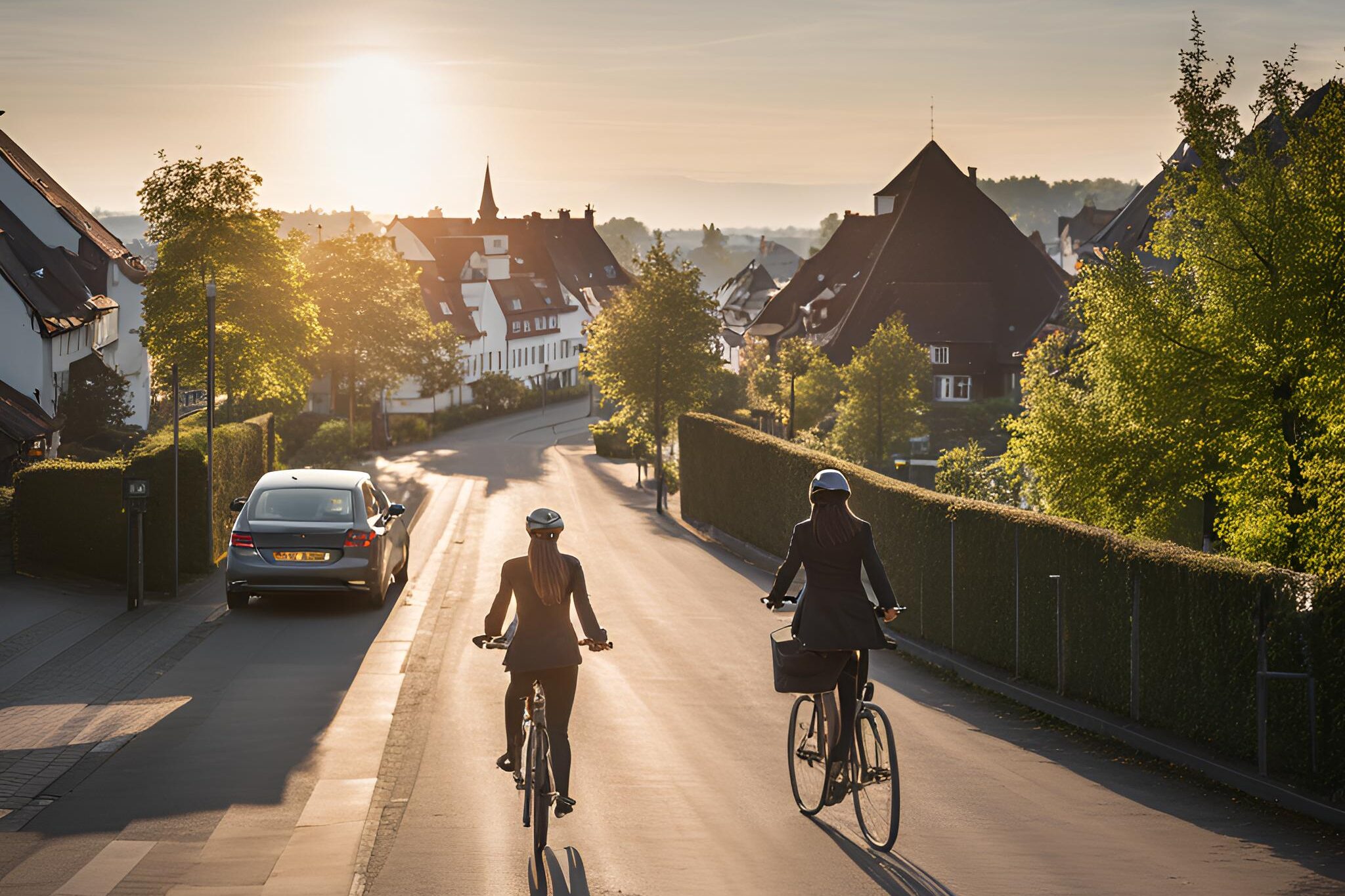 eine junge Frau, die morgens mit dem Fahrrad durch die Stadt Oberursel zur Arbeit fährt.