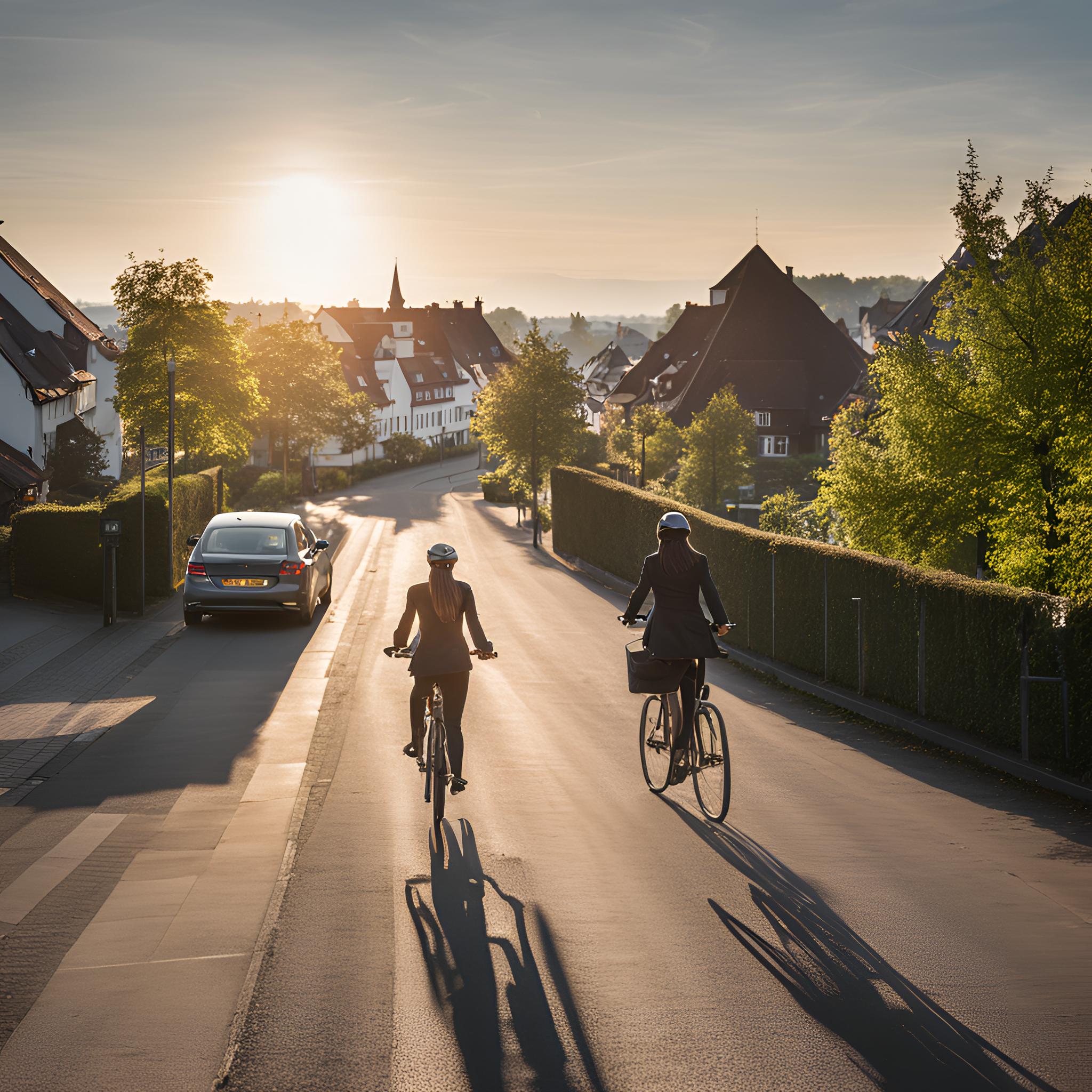 eine junge Frau, die morgens mit dem Fahrrad durch die Stadt Oberursel zur Arbeit fährt.